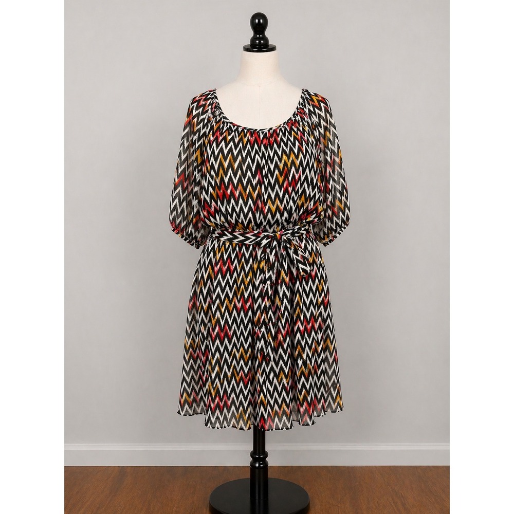 Enfocus Geometric Print Belted Dress 16W Boho Retro Chevron Blouson Sleeve Flowy